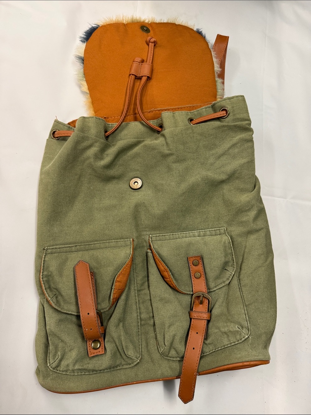 Olive Canvas Backpack with Brown Leather Trim